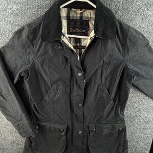 Barbour Iona Black Waxed Jacket Women Full Zip Size US 10 Summer Tartan Lining